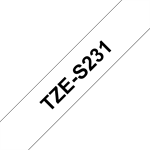 Sort tekst / hvid tape - 12mm x 8m - Original TZe-s231 Brother tape - EKSTRA KLÆBENDE