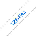 Blå tekst / hvid stof-tape - 12mm x 3m Original TZe-FA3 Brother stof-tape - STRYGES PÅ STOF