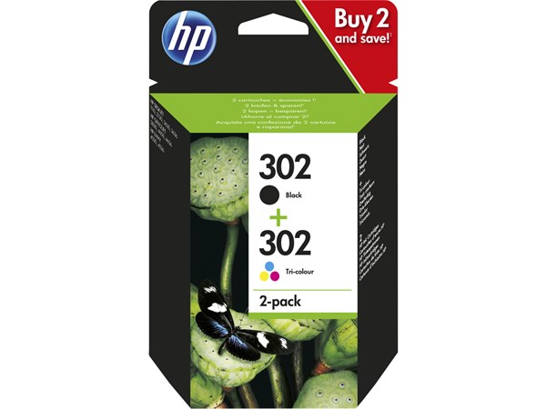 2-Pak sort og farvet patron - HP nr.302 - 3,5+4 ml