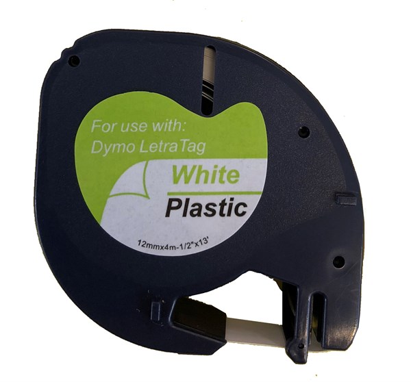 Sort på hvid kompatibel plasttape - 12 mm